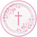PLATES: 9" ROUND PINK HOLY CROSS DINNER PLATES (8 PER PACK)