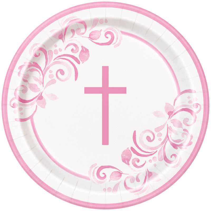 PLATES: 9" ROUND PINK HOLY CROSS DINNER PLATES (8 PER PACK)