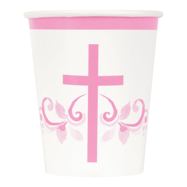CUPS: 9OZ PINK HOLY CROSS PAPER CUPS (8 PER PACK)