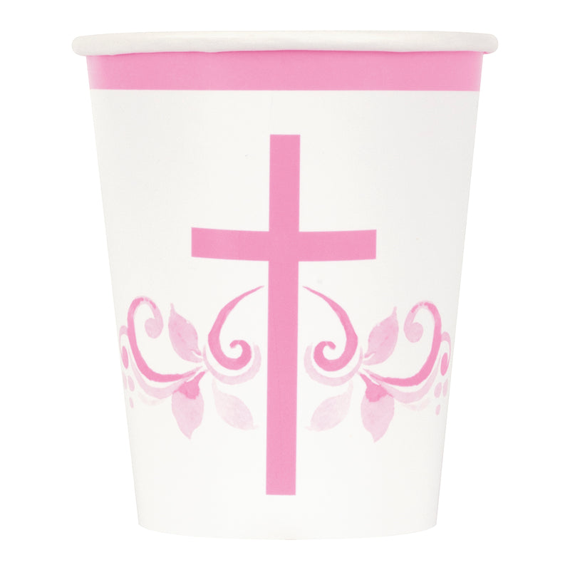CUPS: 9OZ PINK HOLY CROSS PAPER CUPS (8 PER PACK)