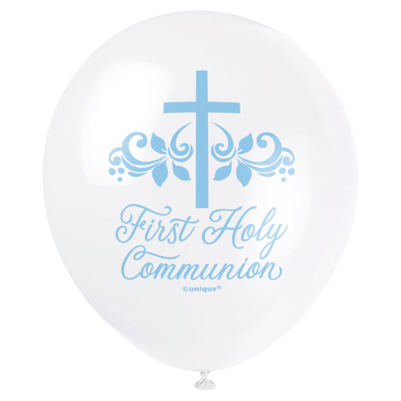 12" BLUE HOLY CROSS FIRST HOLY COMMUNION LATEX BALLOONS (8 BALLOONS PER PACK)