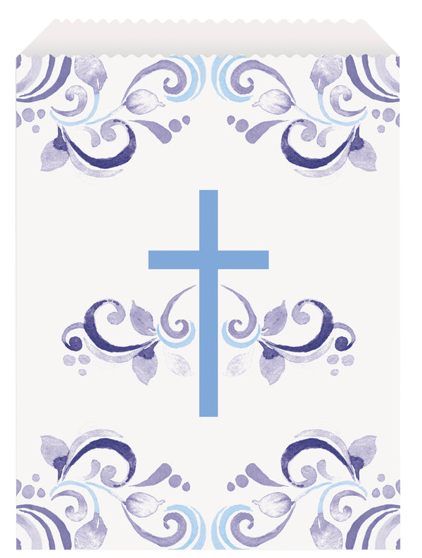 BAGS: BLUE HOLY CROSS PAPER TREAT BAGS (8 PER PACK)
