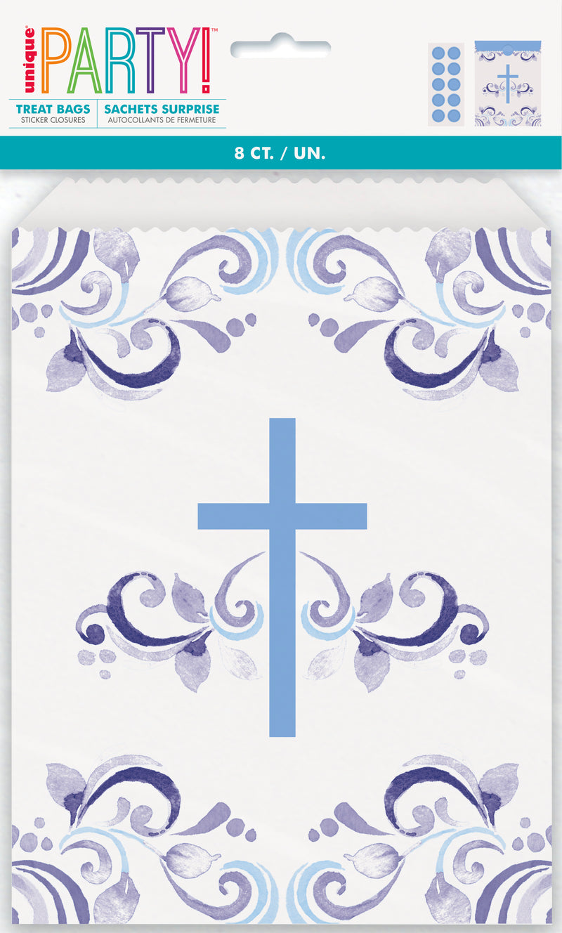 BAGS: BLUE HOLY CROSS PAPER TREAT BAGS (8 PER PACK)