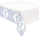 TABLECOVER: BLUE HOLY CROSS RECTANGULAR PLASTIC TABLE COVER 54 X 84" (ONE PER PACK)