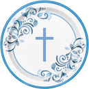 PLATES: 9" BLUE HOLY CROSS ROUND DINNER PLATES (8 PER PACK)