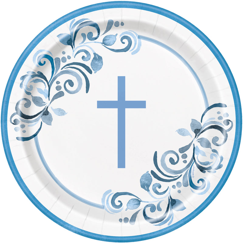 PLATES: 9" BLUE HOLY CROSS ROUND DINNER PLATES (8 PER PACK)