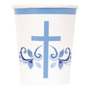 CUPS: 9OZ BLUE HOLY CROSS PAPER CUPS (8 PER PACK)