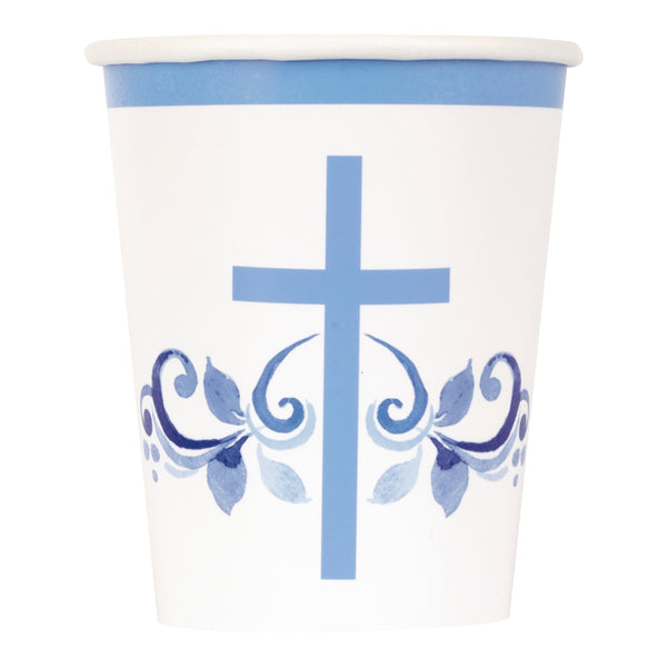 CUPS: 9OZ BLUE HOLY CROSS PAPER CUPS (8 PER PACK)