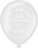 12" KALISAN FIRST COMMUNION DOVE LATEX CLEAR WITH WHITE PRINT LATEX (25 PER BAG)