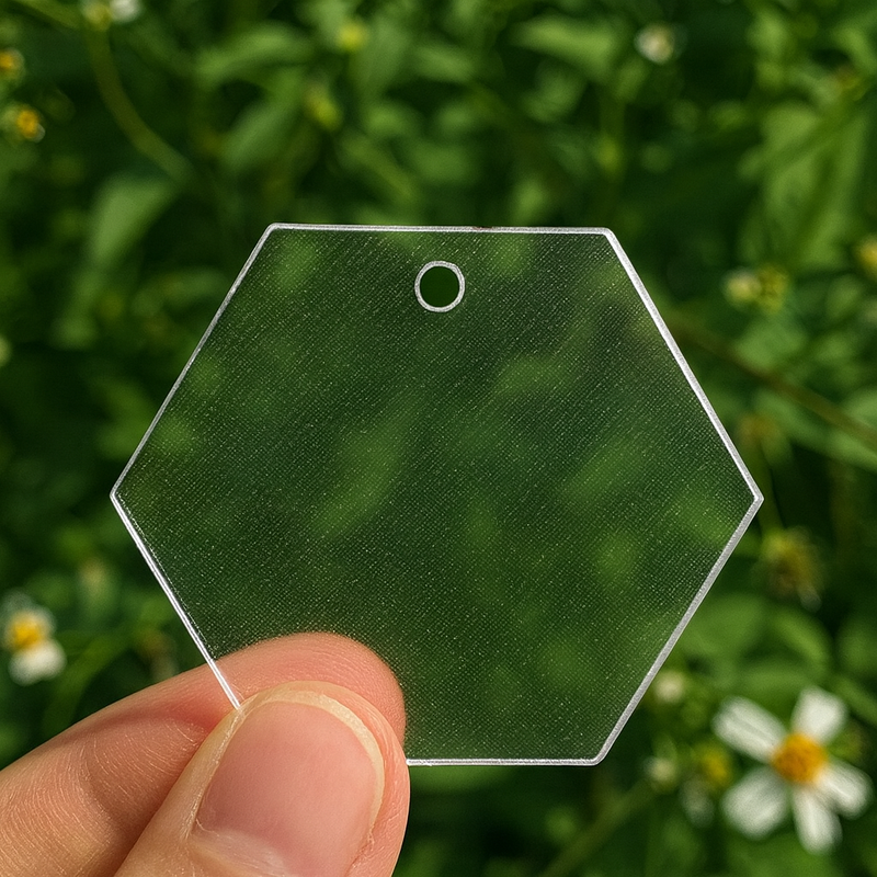 TRANSPARENT ACRYLIC HEXAGON DISC (9CM DIAMETER, 3MM THICK)