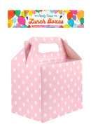 PARTY BOX: BABY PINK POLKA DOT PARTY BOX WITH HANDLES 14cm x 5cm x 12cm (PACK OF 6)