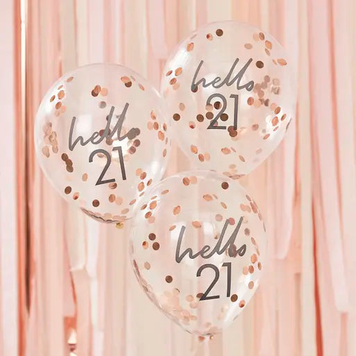 ROSE GOLD HELLO 21 CONFETTI LATEX BALLOONS (5 PER PACK)