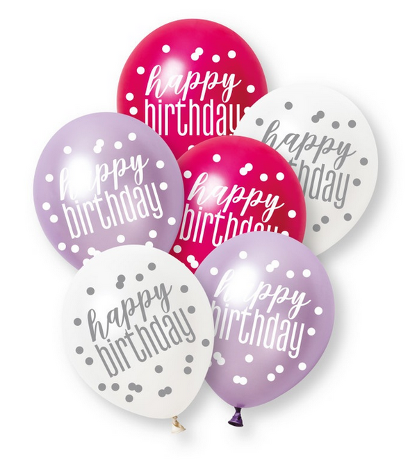 12" GLITZ PINK HAPPY BIRTHDAY PEARL LATEX (6 PER PACK)