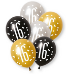 12" GLITZ BLACK NUMBER 16 ASSORTED PLATINUM & PEARL LATEX (6 PER PACK)