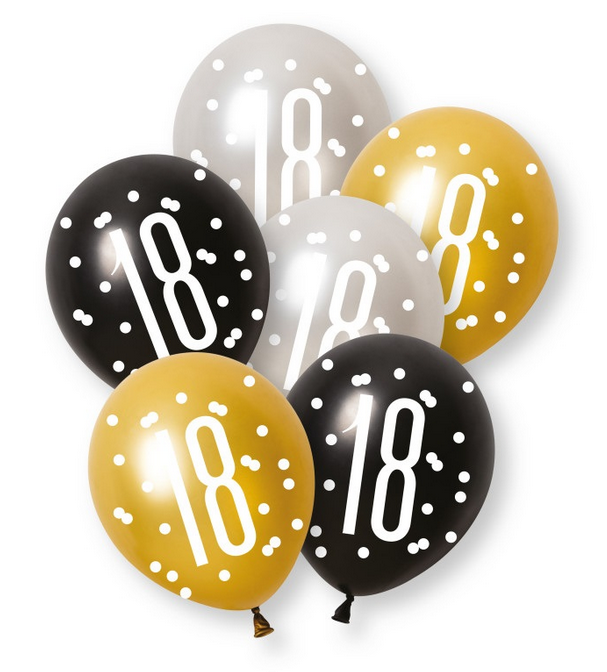 12" GLITZ BLACK NUMBER 18 ASSORTED PLATINUM & PEARL LATEX (6 PER PACK)