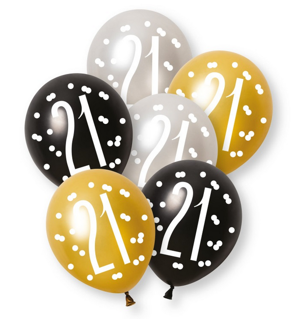 12" GLITZ BLACK NUMBER 21 ASSORTED PLATINUM & PEARL LATEX (6 PER PACK)