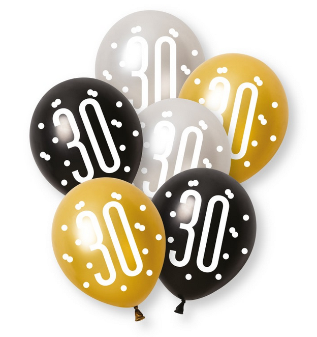 12" GLITZ BLACK NUMBER 30 ASSORTED PLATINUM & PEARL LATEX (6 PER PACK)