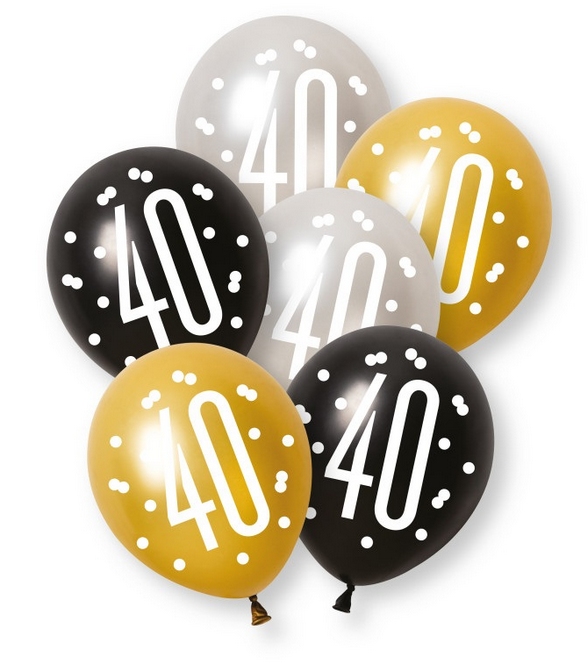 12" GLITZ BLACK NUMBER 40 ASSORTED PLATINUM & PEARL LATEX (6 PER PACK)