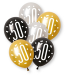 12" GLITZ BLACK NUMBER 50 ASSORTED PLATINUM & PEARL LATEX (6 PER PACK)