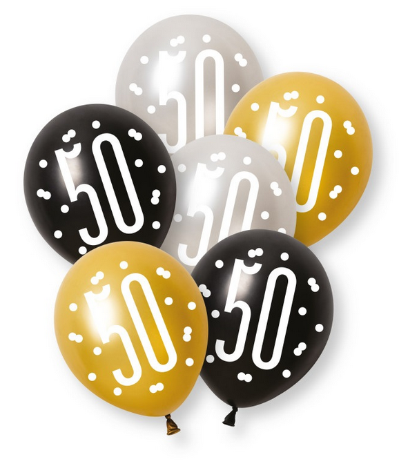 12" GLITZ BLACK NUMBER 50 ASSORTED PLATINUM & PEARL LATEX (6 PER PACK)