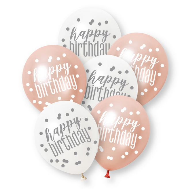 12" GLITZ ROSE GOLD HAPPY BIRTHDAY ASSORTED PLATINUM & PEARL LATEX (6 PER PACK)