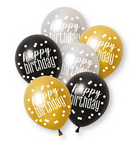 12" GLITZ BLACK HAPPY BIRTHDAY ASSORTED PLATINUM & PEARL LATEX (6 PER PACK)