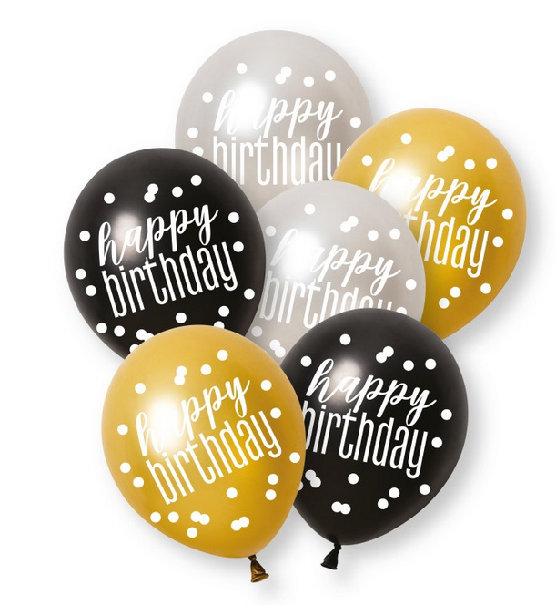 12" GLITZ BLACK HAPPY BIRTHDAY ASSORTED PLATINUM & PEARL LATEX (6 PER PACK)