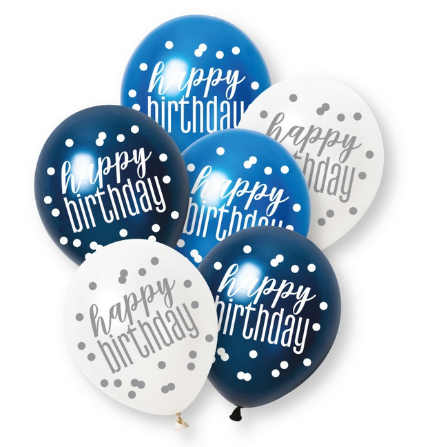 12" GLITZ BLUE HAPPY BIRTHDAY PEARL LATEX (6 PER PACK)