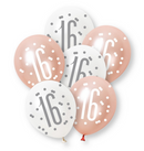 12" GLITZ ROSE GOLD NUMBER 16 ASSORTED PLATINUM & PEARL LATEX (6 PER PACK)