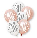 12" GLITZ ROSE GOLD NUMBER 30 ASSORTED PLATINUM & PEARL LATEX (6 PER PACK)