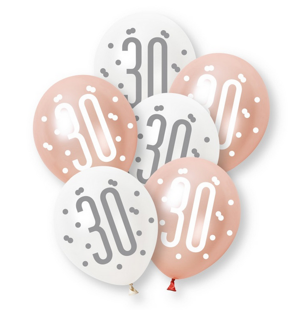 12" GLITZ ROSE GOLD NUMBER 30 ASSORTED PLATINUM & PEARL LATEX (6 PER PACK)