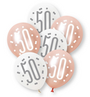 12" GLITZ ROSE GOLD NUMBER 50 ASSORTED PLATINUM & PEARL LATEX (6 PER PACK)