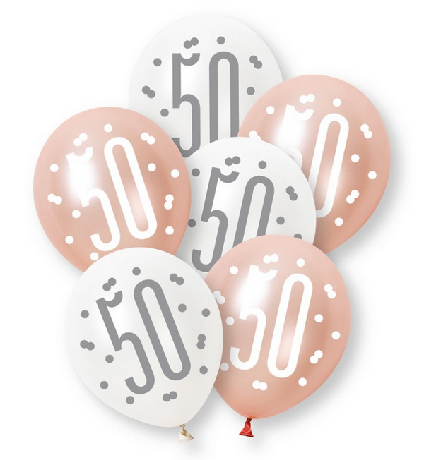 12" GLITZ ROSE GOLD NUMBER 50 ASSORTED PLATINUM & PEARL LATEX (6 PER PACK)