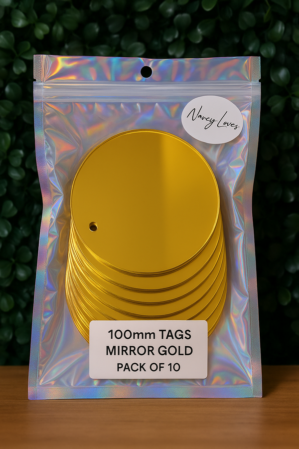TAGS: MIRROR GOLD TAGS WITH HOLE 100MM (PACK OF 10)