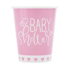 CUPS: PINK HEARTS BABY SHOWER  9OZ PAPER CUPS (8 PER PACK)