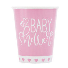 CUPS: PINK HEARTS BABY SHOWER 9OZ PAPER CUPS (8 PER PACK)