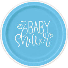 PLATES: 22CM BLUE HEARTS BABY SHOWER PLATES (8 PER PACK)