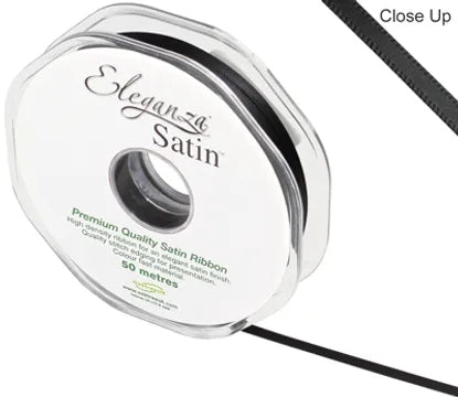 RIBBON: 3mm ELEGANZA DOUBLE FACED SATIN RIBBON BLACK NO.20 (3MM X 50M)