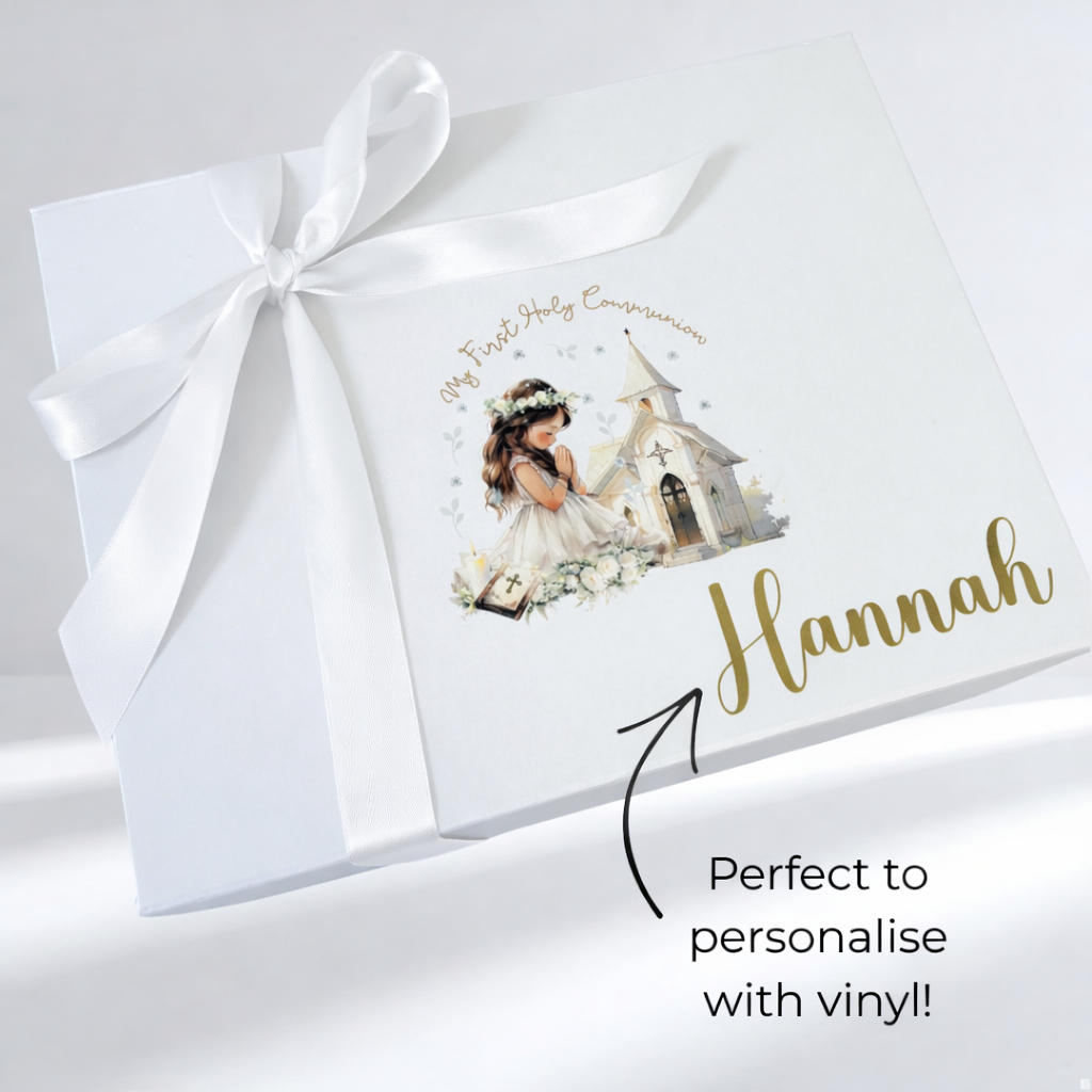 Communion Display White Ribbon Communion Print Keepsake Box with Ribbon