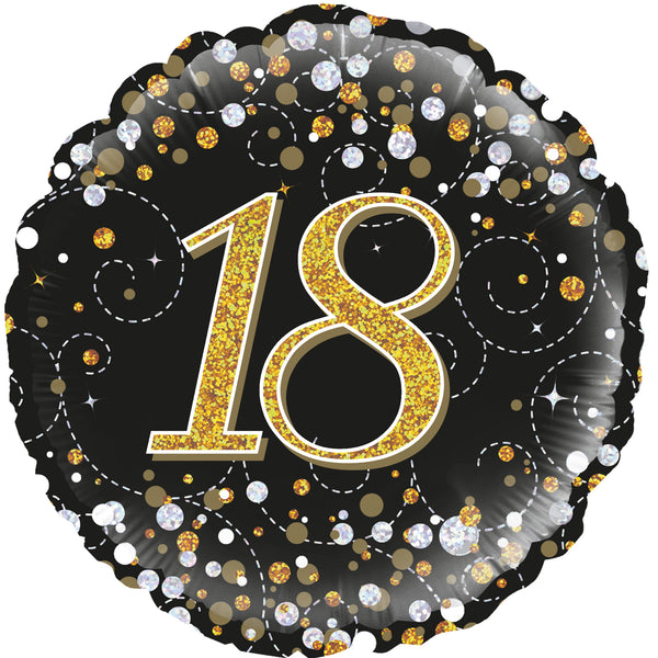 18" ROUND SPARKLING FIZZ 18TH BIRTHDAY BLACK & GOLD HOLOGRAPHIC FOIL