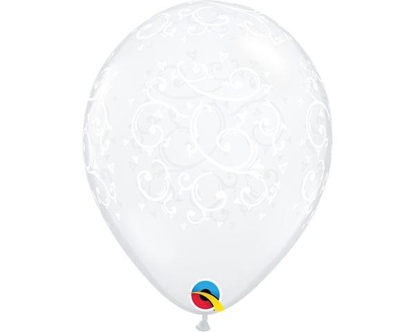 11" ROUND FILIGREE & HEART DIAMOND CLEAR LATEX (50 PER BAG)