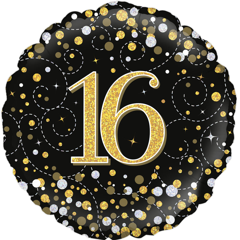 18" ROUND SPARKLING FIZZ 16TH BIRTHDAY BLACK & GOLD HOLOGRAPHIC FOIL