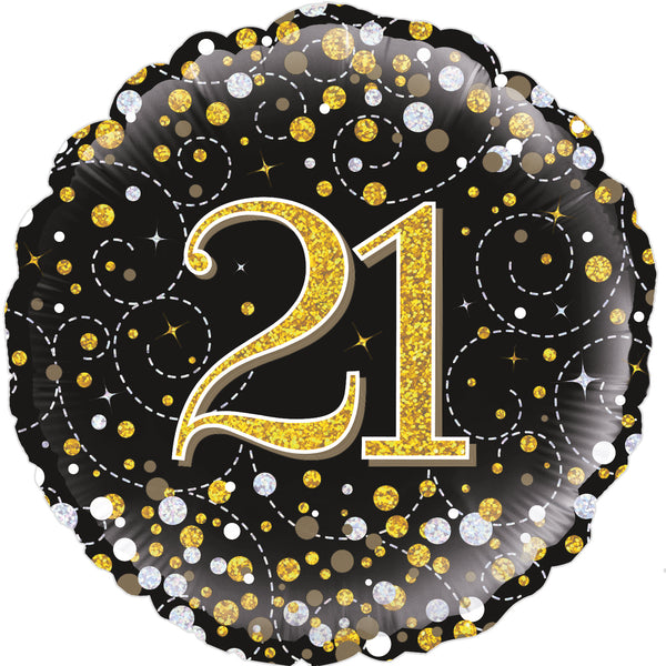 18" ROUND SPARKLING FIZZ 21ST BIRTHDAY BLACK & GOLD HOLOGRAPHIC FOIL