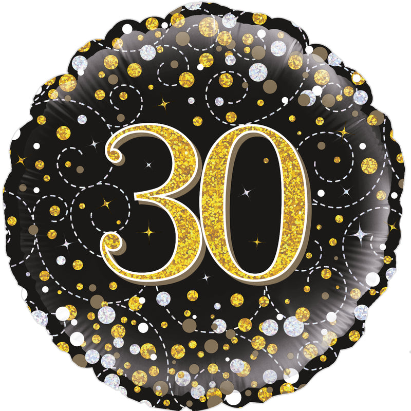 18" ROUND SPARKLING FIZZ 30TH BIRTHDAY BLACK & GOLD HOLOGRAPHIC FOIL