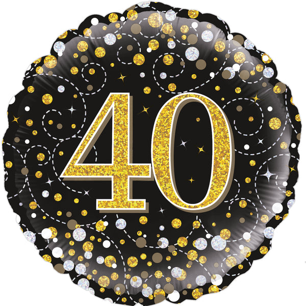 18" ROUND SPARKLING FIZZ 40TH BIRTHDAY BLACK & GOLD HOLOGRAPHIC FOIL