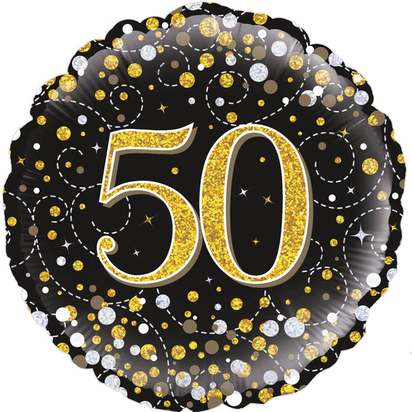 18" ROUND SPARKLING FIZZ 50TH BIRTHDAY BLACK & GOLD HOLOGRAPHIC FOIL