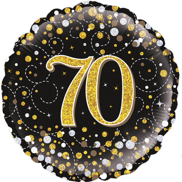 18" ROUND SPARKLING FIZZ 70TH BIRTHDAY BLACK & GOLD HOLOGRAPHIC FOIL
