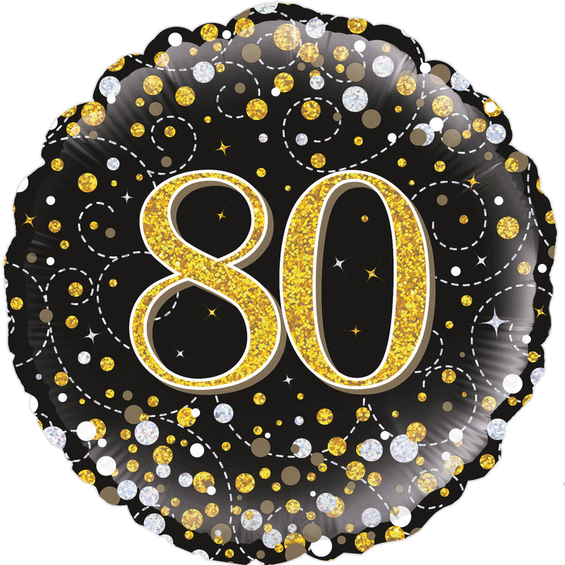 18" ROUND SPARKLING FIZZ 80TH BIRTHDAY BLACK & GOLD HOLOGRAPHIC FOIL
