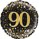 18" ROUND SPARKLING FIZZ 90TH BIRTHDAY BLACK & GOLD HOLOGRAPHIC FOIL