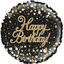 18" ROUND SPARKLING FIZZ BIRTHDAY BLACK & GOLD HOLOGRAPHIC FOIL